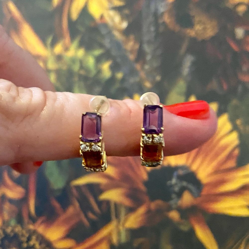 14k Multi Gemstone/Diamonds Earrings - Amethyst, … - image 7